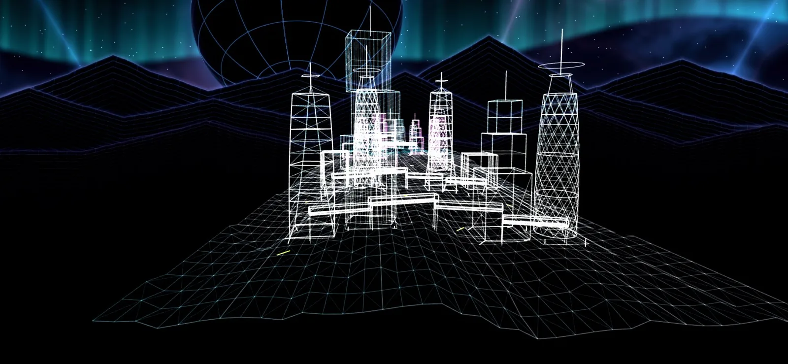 Wireframe energy city on a grid under an aurora sky, rendered in Lake Signal Stage