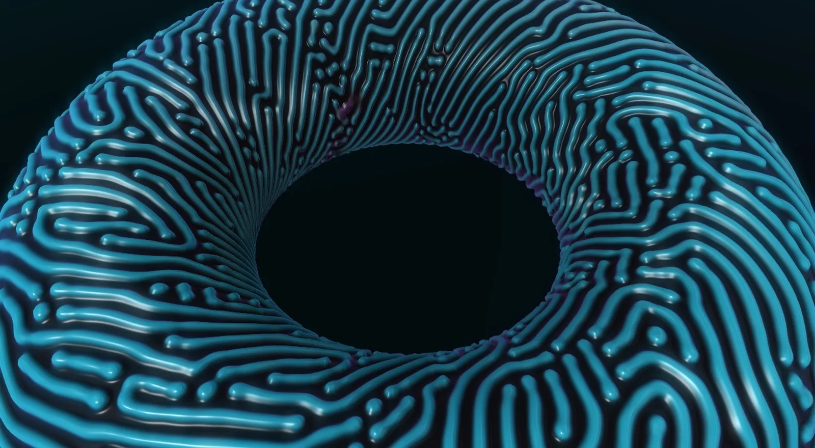 A cyan torus grown with reaction diffusion patterns
