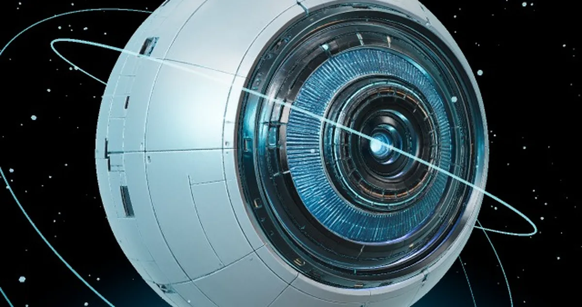 A lit mechanical eye model with orbit rings